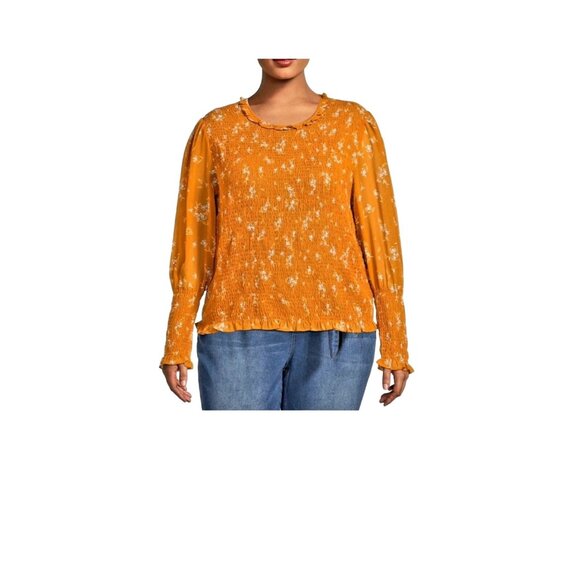 New Terra & Sky Plus Size 4X Long Sleeve Smocked Top Floral Print Mustard Yellow - Picture 1 of 12